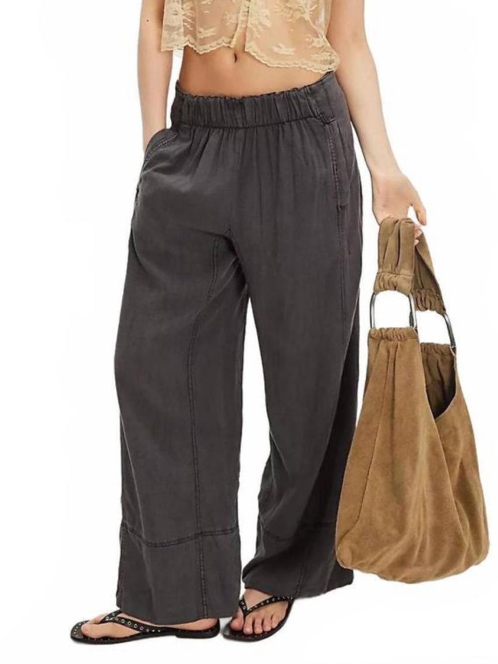 Free People Wide Leg Drawstring Pants in Charcoal Gray